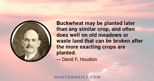 Buckwheat may be planted later than any similar crop, and often does well on old meadows or waste land that can be broken after the more exacting crops are planted.