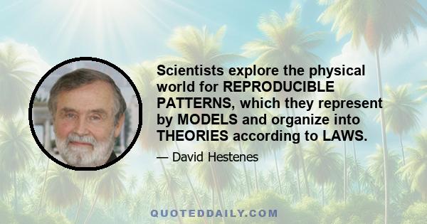 Scientists explore the physical world for REPRODUCIBLE PATTERNS, which they represent by MODELS and organize into THEORIES according to LAWS.