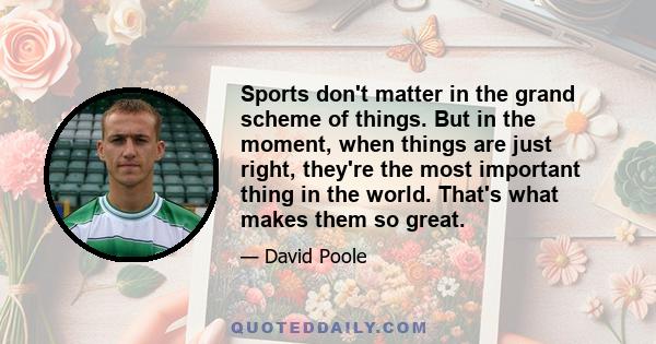 Sports don't matter in the grand scheme of things. But in the moment, when things are just right, they're the most important thing in the world. That's what makes them so great.