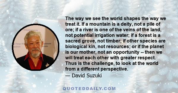 The way we see the world shapes the way we treat it. If a mountain is a deity, not a pile of ore; if a river is one of the veins of the land, not potential irrigation water; if a forest is a sacred grove, not timber; if 