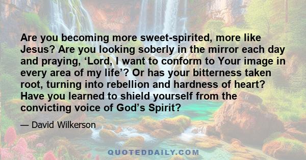 Are you becoming more sweet-spirited, more like Jesus? Are you looking soberly in the mirror each day and praying, ‘Lord, I want to conform to Your image in every area of my life’? Or has your bitterness taken root,