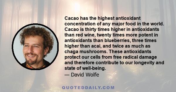 Cacao has the highest antioxidant concentration of any major food in the world. Cacao is thirty times higher in antioxidants than red wine, twenty times more potent in antioxidants than blueberries, three times higher