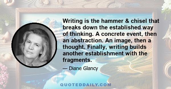 Writing is the hammer & chisel that breaks down the established way of thinking. A concrete event, then an abstraction. An image, then a thought. Finally, writing builds another establishment with the fragments.