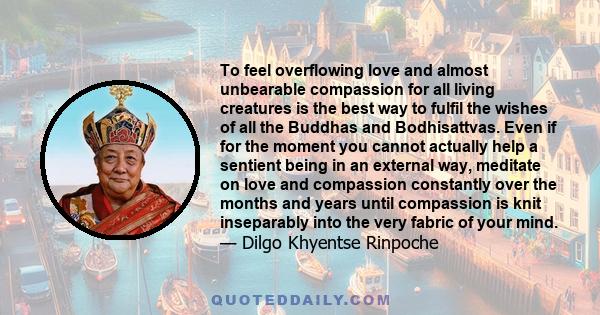 To feel overflowing love and almost unbearable compassion for all living creatures is the best way to fulfil the wishes of all the Buddhas and Bodhisattvas. Even if for the moment you cannot actually help a sentient