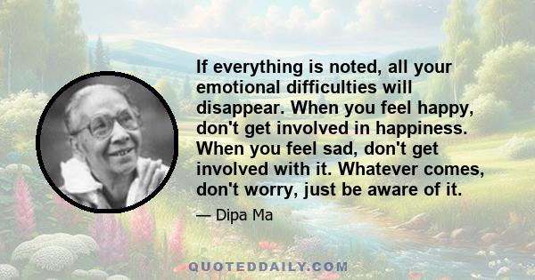 If everything is noted, all your emotional difficulties will disappear. When you feel happy, don't get involved in happiness. When you feel sad, don't get involved with it. Whatever comes, don't worry, just be aware of