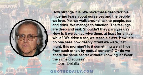 How strange it is. We have these deep terrible lingering fears about ourselves and the people we love. Yet we walk around, talk to people, eat and drink. We manage to function. The feelings are deep and real. Shouldn't