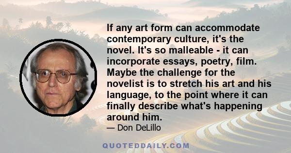 If any art form can accommodate contemporary culture, it's the novel. It's so malleable - it can incorporate essays, poetry, film. Maybe the challenge for the novelist is to stretch his art and his language, to the