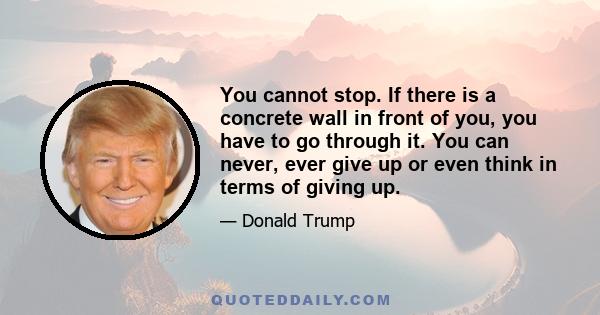 You cannot stop. If there is a concrete wall in front of you, you have to go through it. You can never, ever give up or even think in terms of giving up.