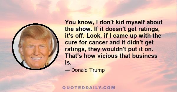 You know, l don't kid myself about the show. If it doesn't get ratings, it's off. Look, if I came up with the cure for cancer and it didn't get ratings, they wouldn't put it on. That's how vicious that business is.