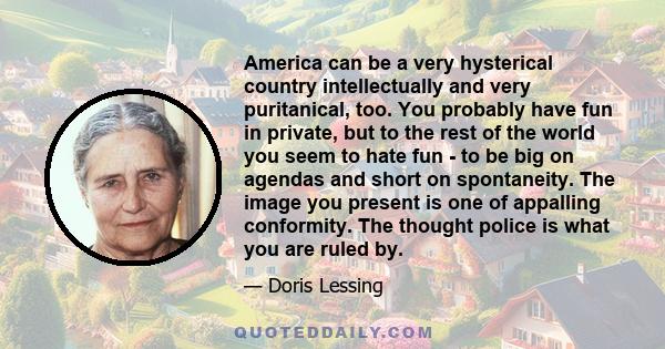 America can be a very hysterical country intellectually and very puritanical, too. You probably have fun in private, but to the rest of the world you seem to hate fun - to be big on agendas and short on spontaneity. The 