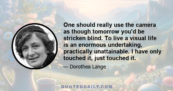 One should really use the camera as though tomorrow you'd be stricken blind. To live a visual life is an enormous undertaking, practically unattainable. I have only touched it, just touched it.