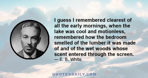 I guess I remembered clearest of all the early mornings, when the lake was cool and motionless, remembered how the bedroom smelled of the lumber it was made of and of the wet woods whose scent entered through the screen.