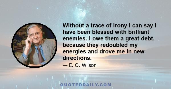 Without a trace of irony I can say I have been blessed with brilliant enemies. I owe them a great debt, because they redoubled my energies and drove me in new directions.