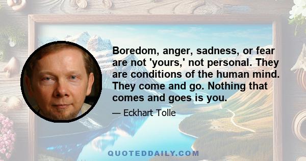 Boredom, anger, sadness, or fear are not 'yours,' not personal. They are conditions of the human mind. They come and go. Nothing that comes and goes is you.