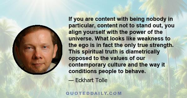 If you are content with being nobody in particular, content not to stand out, you align yourself with the power of the universe. What looks like weakness to the ego is in fact the only true strength. This spiritual