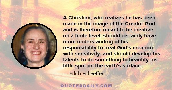 A Christian, who realizes he has been made in the image of the Creator God and is therefore meant to be creative on a finite level, should certainly have more understanding of his responsibility to treat God's creation