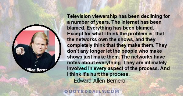 Television viewership has been declining for a number of years. The internet has been blamed. Everything has been blamed. Except for what I think the problem is: that the networks own the shows, and they completely