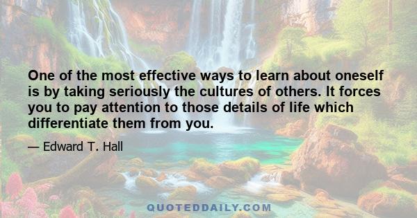 One of the most effective ways to learn about oneself is by taking seriously the cultures of others. It forces you to pay attention to those details of life which differentiate them from you.