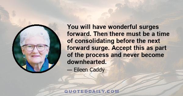 You will have wonderful surges forward. Then there must be a time of consolidating before the next forward surge. Accept this as part of the process and never become downhearted.