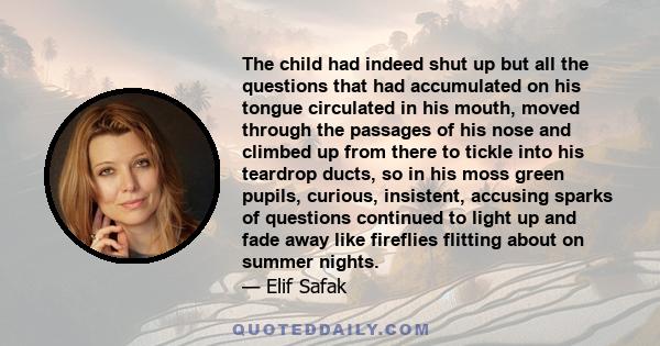 The child had indeed shut up but all the questions that had accumulated on his tongue circulated in his mouth, moved through the passages of his nose and climbed up from there to tickle into his teardrop ducts, so in