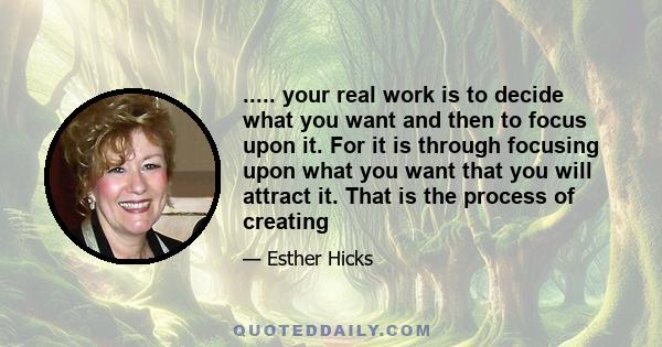 ..... your real work is to decide what you want and then to focus upon it. For it is through focusing upon what you want that you will attract it. That is the process of creating