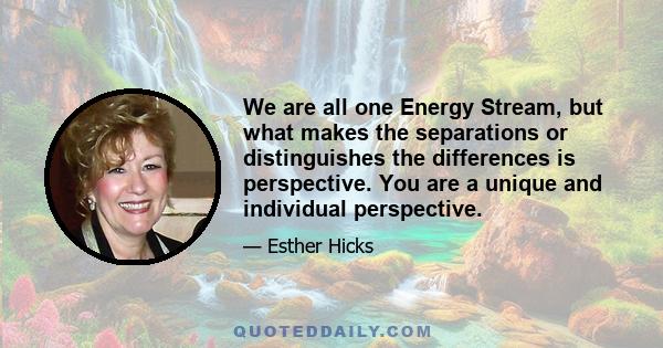 We are all one Energy Stream, but what makes the separations or distinguishes the differences is perspective. You are a unique and individual perspective.