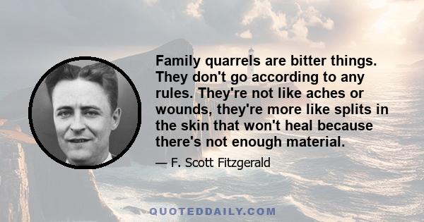 Family quarrels are bitter things. They don't go according to any rules. They're not like aches or wounds, they're more like splits in the skin that won't heal because there's not enough material.