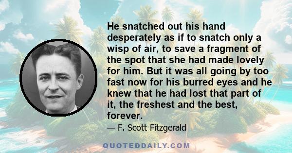 He snatched out his hand desperately as if to snatch only a wisp of air, to save a fragment of the spot that she had made lovely for him. But it was all going by too fast now for his burred eyes and he knew that he had