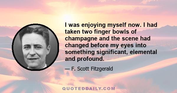 I was enjoying myself now. I had taken two finger bowls of champagne and the scene had changed before my eyes into something significant, elemental and profound.