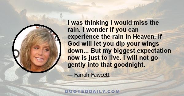 I was thinking I would miss the rain. I wonder if you can experience the rain in Heaven, if God will let you dip your wings down... But my biggest expectation now is just to live. I will not go gently into that