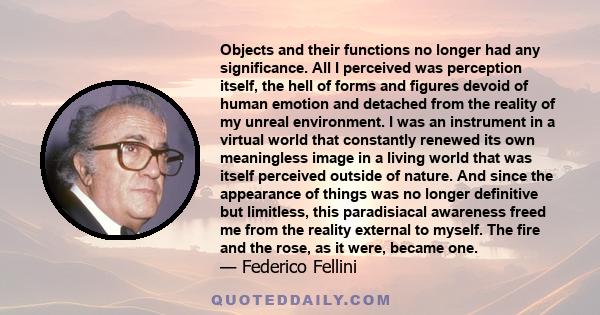 Objects and their functions no longer had any significance. All I perceived was perception itself, the hell of forms and figures devoid of human emotion and detached from the reality of my unreal environment. I was an