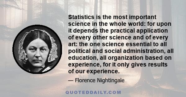 Statistics is the most important science in the whole world: for upon it depends the practical application of every other science and of every art: the one science essential to all political and social administration,