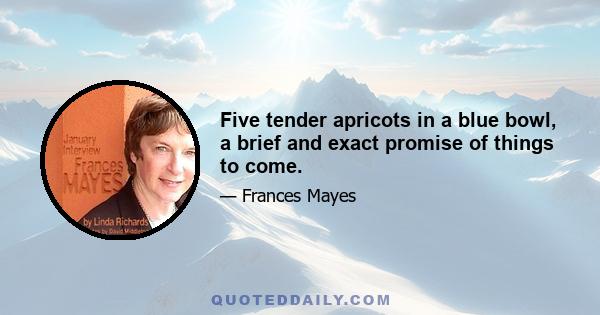 Five tender apricots in a blue bowl, a brief and exact promise of things to come.