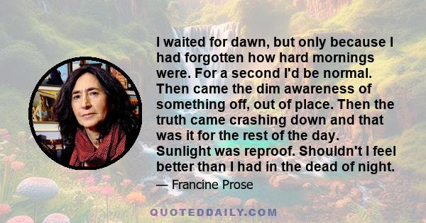 I waited for dawn, but only because I had forgotten how hard mornings were. For a second I'd be normal. Then came the dim awareness of something off, out of place. Then the truth came crashing down and that was it for