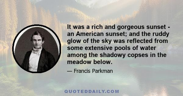 It was a rich and gorgeous sunset - an American sunset; and the ruddy glow of the sky was reflected from some extensive pools of water among the shadowy copses in the meadow below.