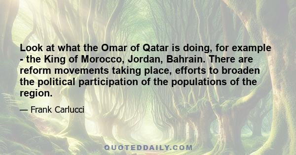 Look at what the Omar of Qatar is doing, for example - the King of Morocco, Jordan, Bahrain. There are reform movements taking place, efforts to broaden the political participation of the populations of the region.