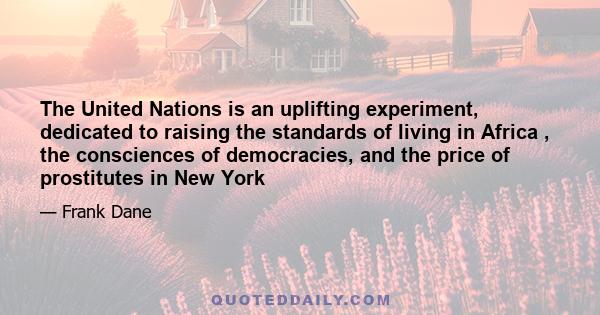 The United Nations is an uplifting experiment, dedicated to raising the standards of living in Africa , the consciences of democracies, and the price of prostitutes in New York