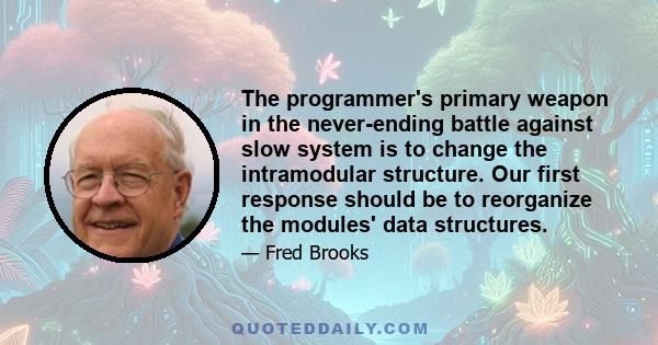 The programmer's primary weapon in the never-ending battle against slow system is to change the intramodular structure. Our first response should be to reorganize the modules' data structures.