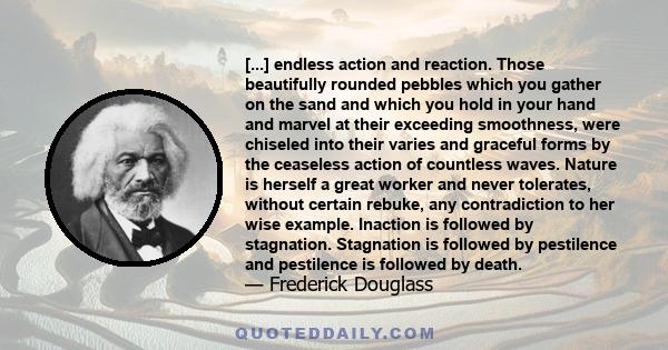 [...] endless action and reaction. Those beautifully rounded pebbles which you gather on the sand and which you hold in your hand and marvel at their exceeding smoothness, were chiseled into their varies and graceful