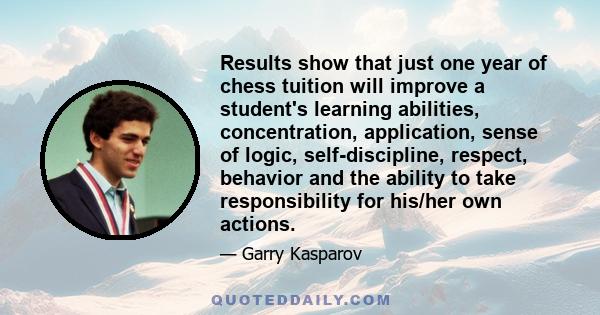 Results show that just one year of chess tuition will improve a student's learning abilities, concentration, application, sense of logic, self-discipline, respect, behavior and the ability to take responsibility for