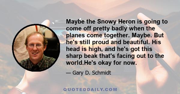 Maybe the Snowy Heron is going to come off pretty badly when the planes come together. Maybe. But he's still proud and beautiful. His head is high, and he's got this sharp beak that's facing out to the world.He's okay