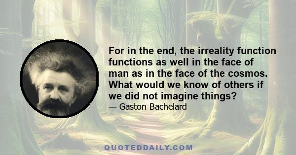 For in the end, the irreality function functions as well in the face of man as in the face of the cosmos. What would we know of others if we did not imagine things?