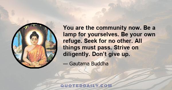 You are the community now. Be a lamp for yourselves. Be your own refuge. Seek for no other. All things must pass. Strive on diligently. Don’t give up.