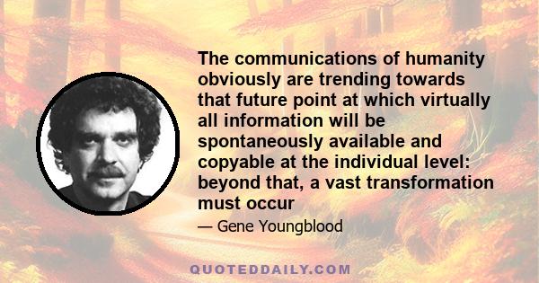 The communications of humanity obviously are trending towards that future point at which virtually all information will be spontaneously available and copyable at the individual level: beyond that, a vast transformation 