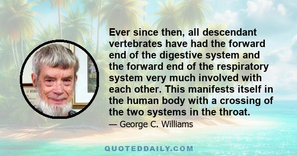 Ever since then, all descendant vertebrates have had the forward end of the digestive system and the forward end of the respiratory system very much involved with each other. This manifests itself in the human body with 