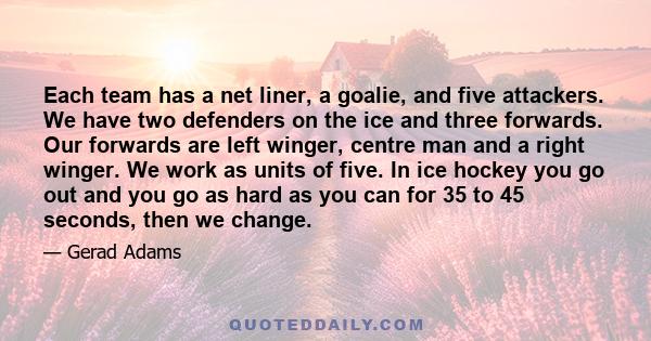 Each team has a net liner, a goalie, and five attackers. We have two defenders on the ice and three forwards. Our forwards are left winger, centre man and a right winger. We work as units of five. In ice hockey you go