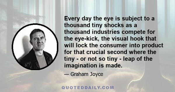 Every day the eye is subject to a thousand tiny shocks as a thousand industries compete for the eye-kick, the visual hook that will lock the consumer into product for that crucial second where the tiny - or not so tiny