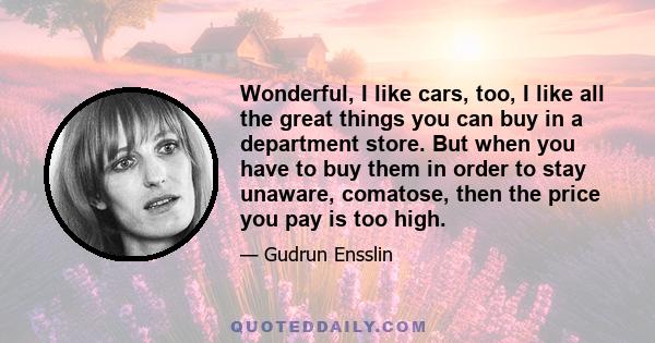 Wonderful, I like cars, too, I like all the great things you can buy in a department store. But when you have to buy them in order to stay unaware, comatose, then the price you pay is too high.