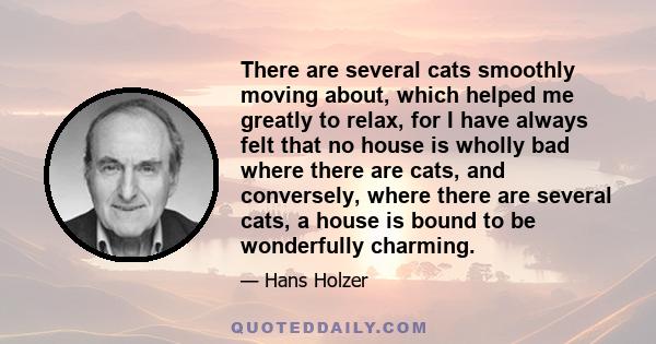 There are several cats smoothly moving about, which helped me greatly to relax, for I have always felt that no house is wholly bad where there are cats, and conversely, where there are several cats, a house is bound to