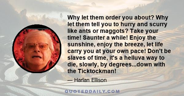 Why let them order you about? Why let them tell you to hurry and scurry like ants or maggots? Take your time! Saunter a while! Enjoy the sunshine, enjoy the breeze, let life carry you at your own pace! Don't be slaves